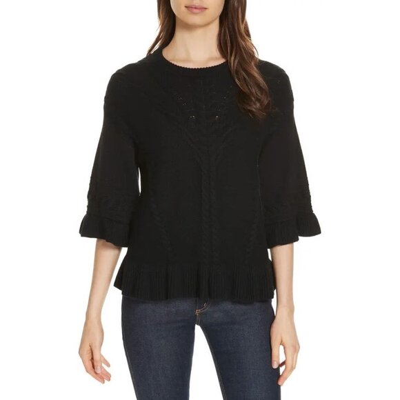 Kate Spade Cable Sweater Flounce Hem Wool Black Size Small - Picture 1 of 9